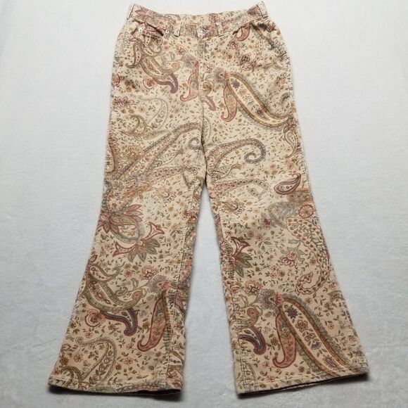 Lands End 8 Pants Corduroy Tan Paisley Cotton Bohemian Festival Boho Hippie - Picture 1 of 7
